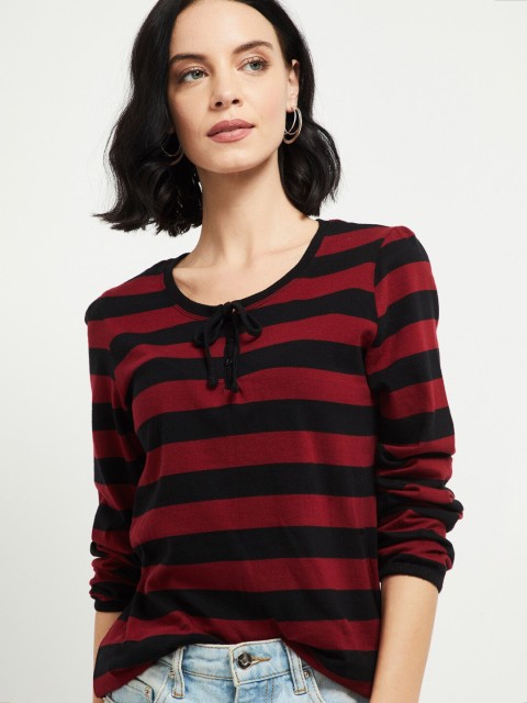 

max Women Black & Red Striped Henley Neck T-shirt