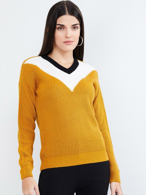 

max Women Yellow & White Colourblocked Pullover Sweater