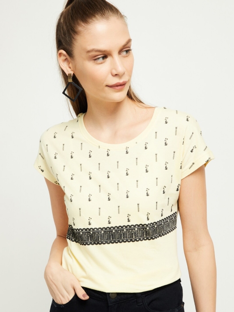 

max Women Yellow Printed Round Neck T-shirt