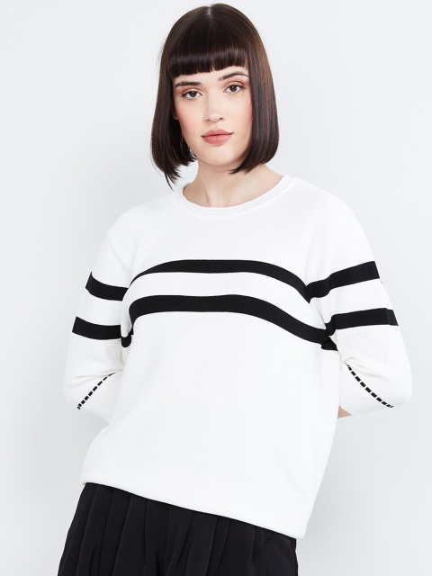 

max Women White & Black Striped Pullover Sweater