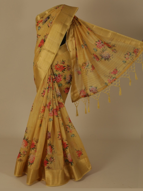 

Pothys Mustard Yellow Floral Printed Linen Blend Saree