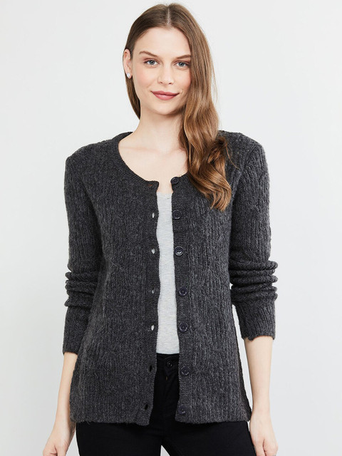 

max Women Charcoal Grey Textured Cardigan Sweater