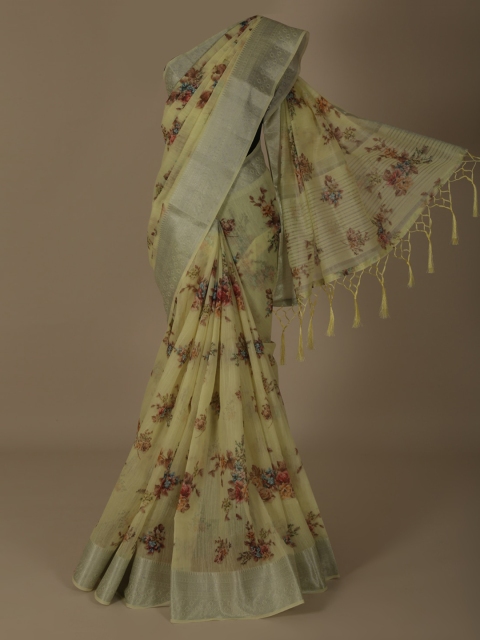 

Pothys Green & Silver-Toned Linen Blend Printed Saree