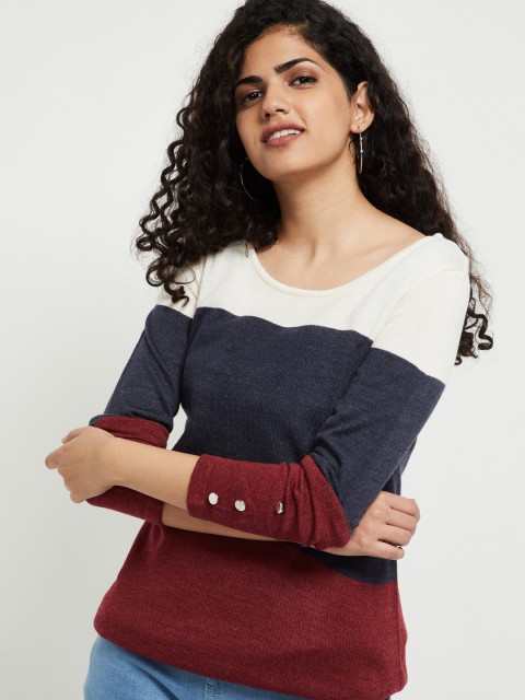 

max Women Navy Blue & White Colourblocked Pullover Sweater