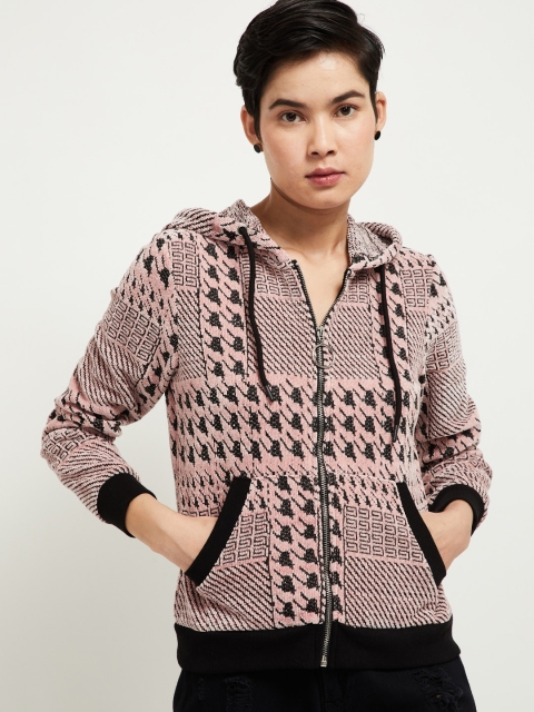

max Women Pink & Blue Printed Hooded Cardigan