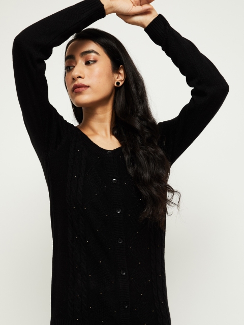

max Women Black Self Design Cardigan Sweater