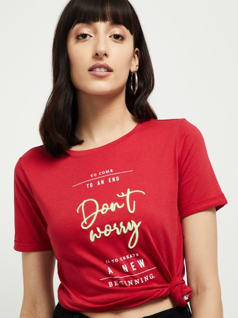

max Women Red Printed Cotton Round Neck Crop Pure Cotton T-shirt