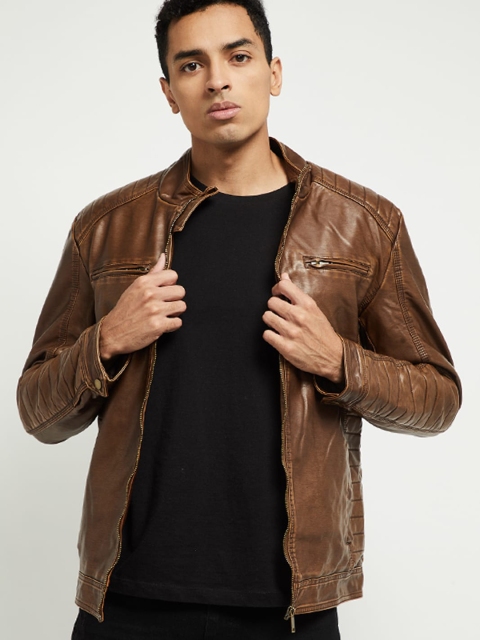 

max Men Brown Solid Biker Jacket