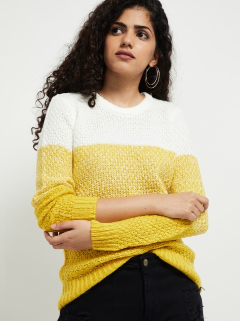 

max Women Yellow & White Colourblocked Pullover Sweater