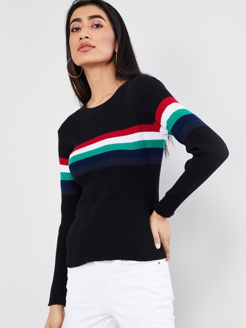 max Women Black Striped Pullover Sweater