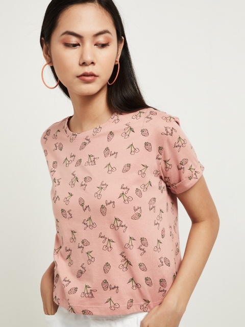 

max Women Pink Printed Round Neck Pure Cotton T-shirt