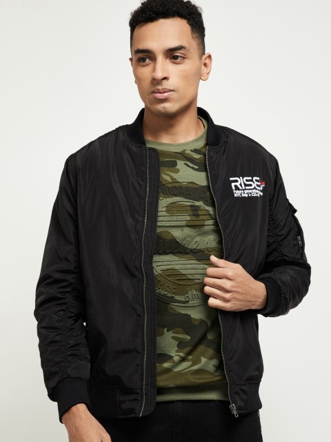 

max Men Black Solid Bomber Jacket