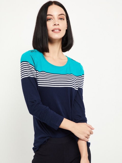 max Women Navy Blue Striped Cotton Round Neck Pure Cotton T-shirt