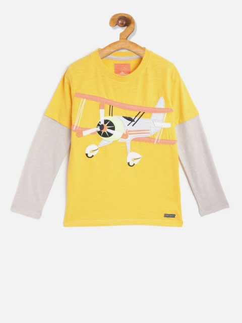 

Cherry Crumble Boys Mustard Yellow Printed Round Neck T-shirt