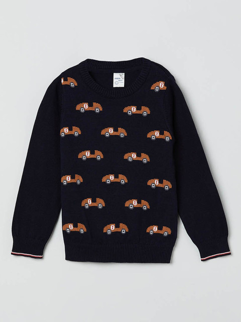 

max Boys Navy Blue & Brown Printed Pullover Sweater