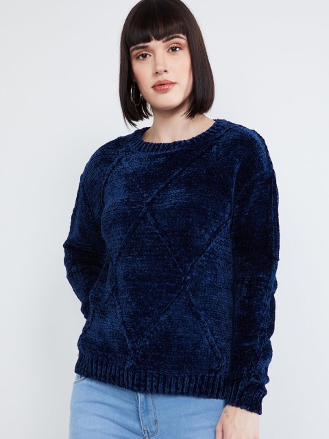 

max Women Navy Blue Self-Design Pullover Sweater