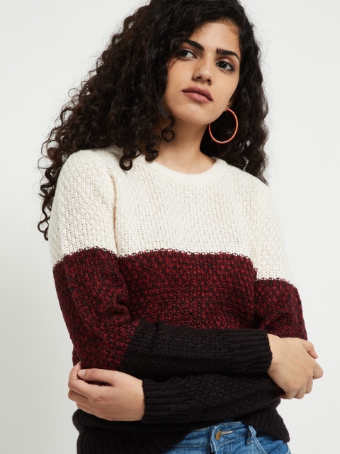 max Women Off-White & Red Colourblocked Pullover Sweater