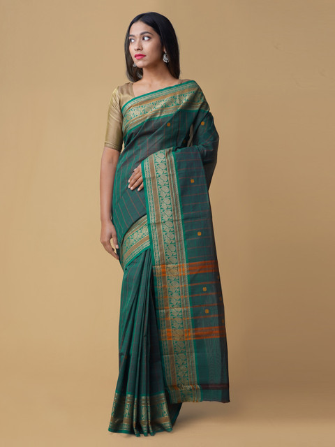 

Unnati Silks Green Handcrafted Woven Design Pure Kanchi Cotton Saree