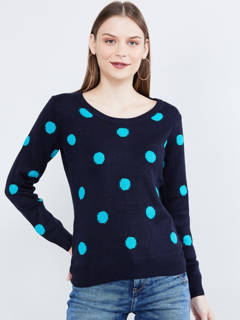 

max Women Navy Blue Polka Dot Printed Pullover Sweater