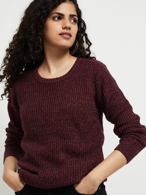 

max Women Burgundy Ribbed Pullover Sweater