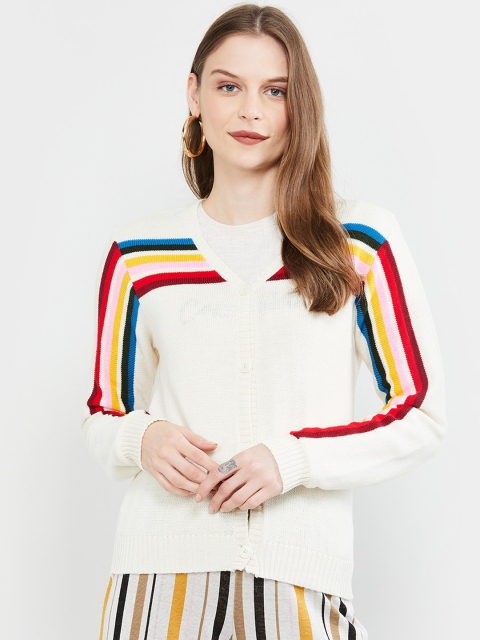 

max Women White Striped Front Open Sweater