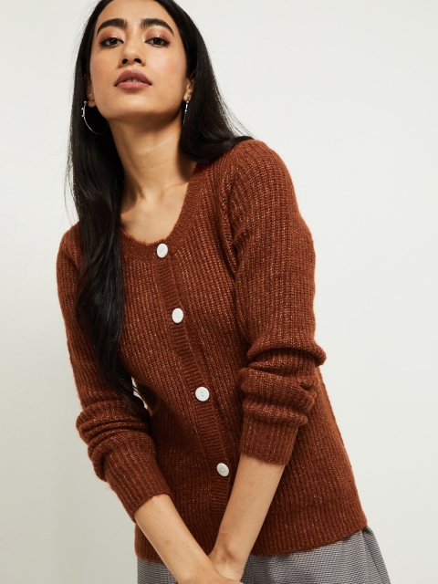 

max Women Brown Self Design Cardigan Sweater