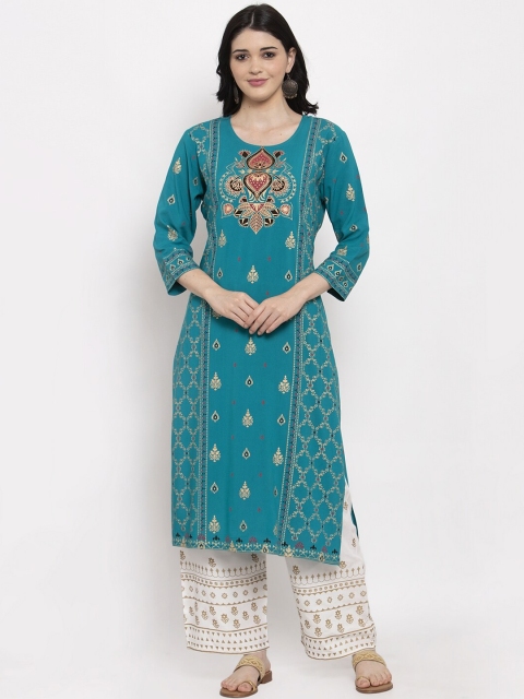 

ANAISA Women Sea Green & Gold-Coloured Printed A-Line Kurta