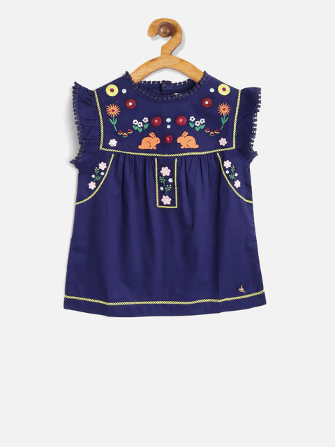 

Cherry Crumble Girls Blue Embroidered Top
