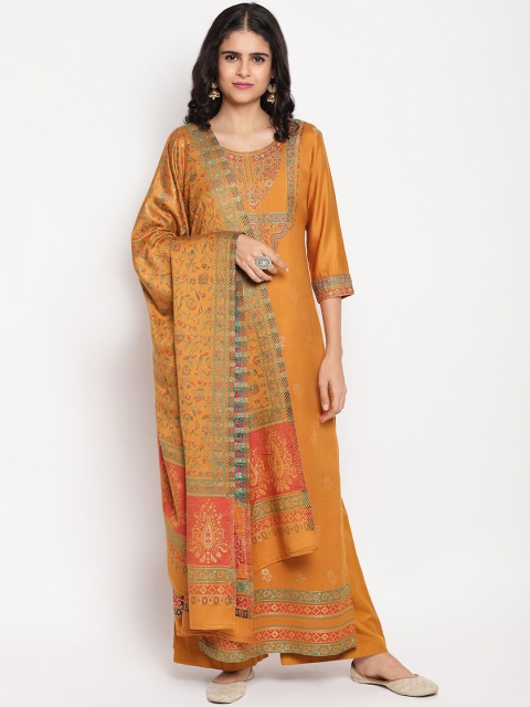 

HK colours of fashion Women Mustard Yellow Printed Unstitched Dress Material