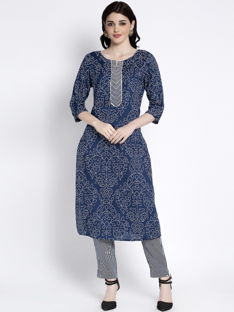 

ANAISA Women Blue & White Printed Straight Kurta