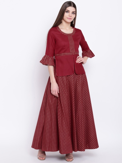 

Khushal K Women Maroon & Gold-Coloured Printed Top With Checked Skirt