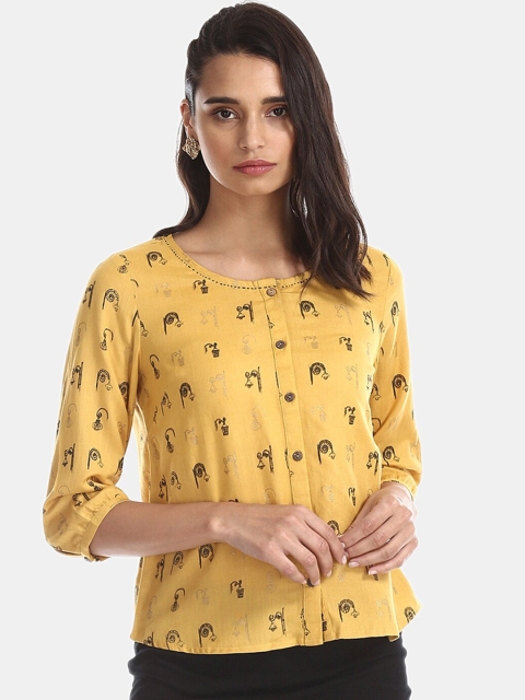 Bronz Women Mustard Yellow Printed Top