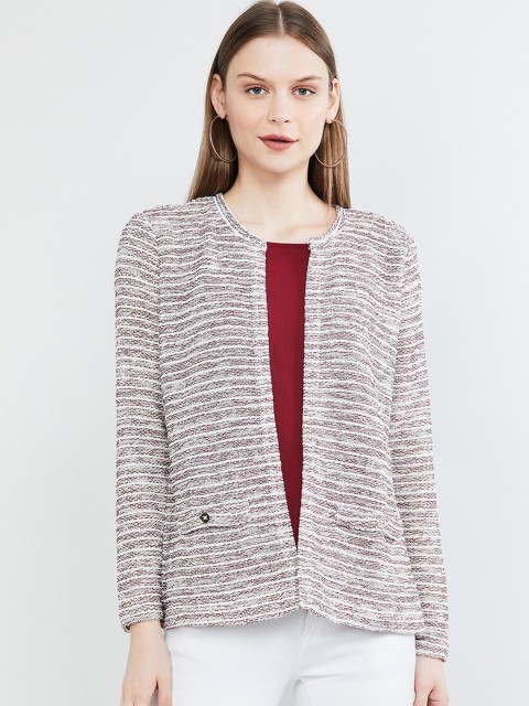 

max Women Off-White & Grey Self-Design Front-Open Sweater