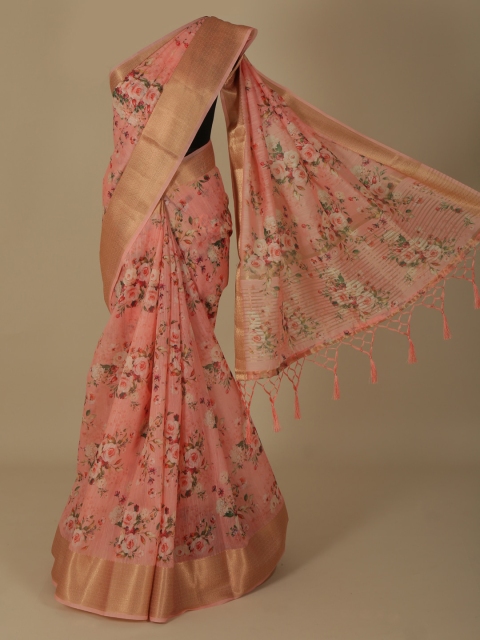 

Pothys Pink Floral Printed Linen Blend Saree