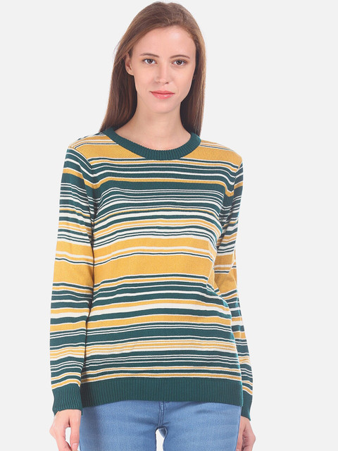 

Sugr Women Acrylic Teal And Yellow Round Neck Striped Sweater