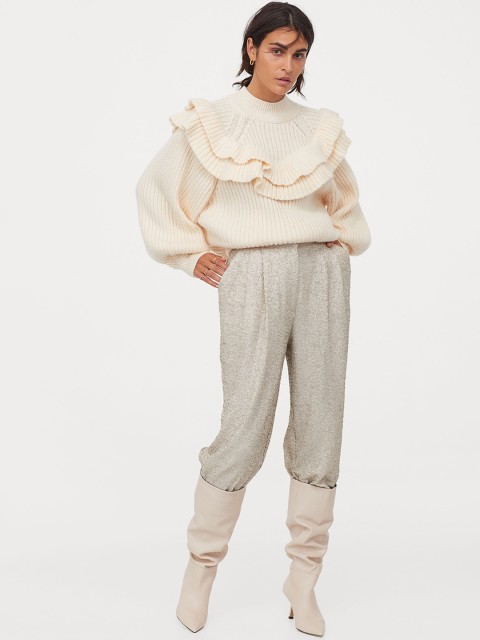 

H&M Women Beige Wide Sequinned Sustainable Trousers