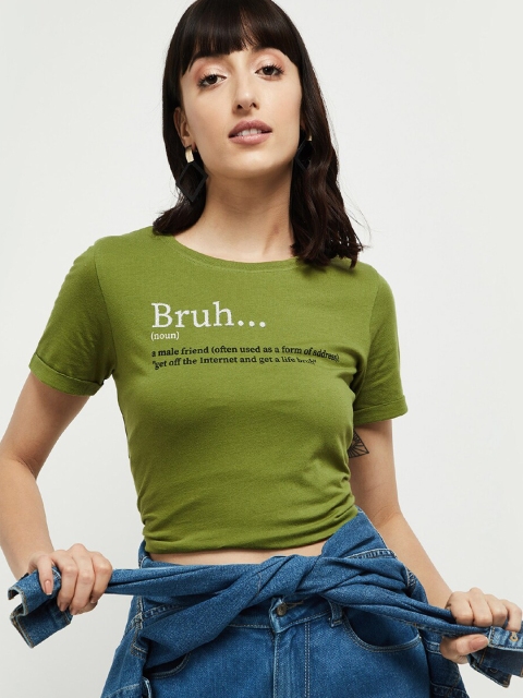 

max Women Green Printed Round Neck T-shirt