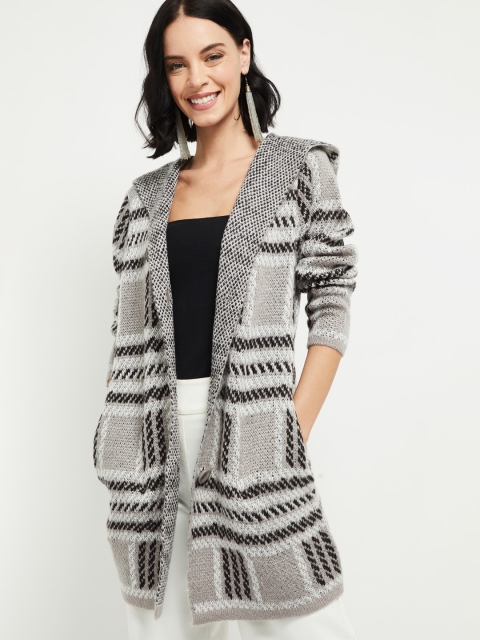 

max Women Grey Checked Longline Hooded Cardigan