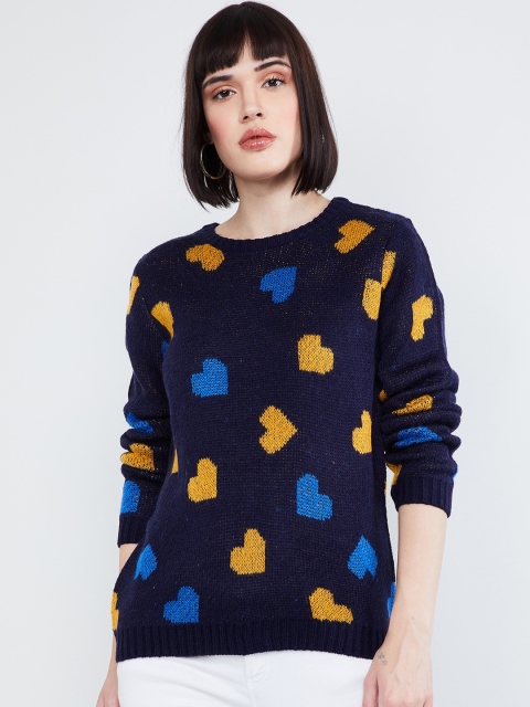 max Women Navy Blue Self Design Pullover Sweater