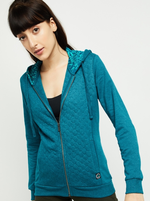 

max Women Teal Solid Hooded Sweatshirt