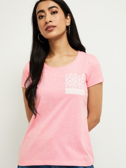 

max Women Pink Printed Round Neck T-shirt