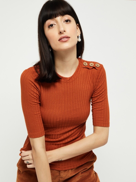 max Women Rust Solid Round Neck T-shirt