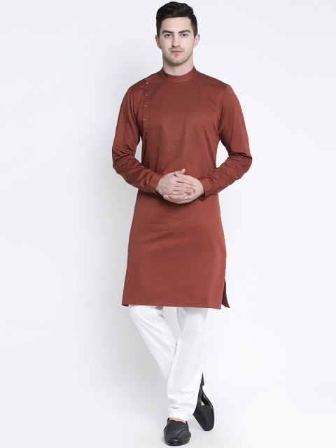 

MAXENCE Men Rust Brown & White Embroidered Kurta with Pyjamas