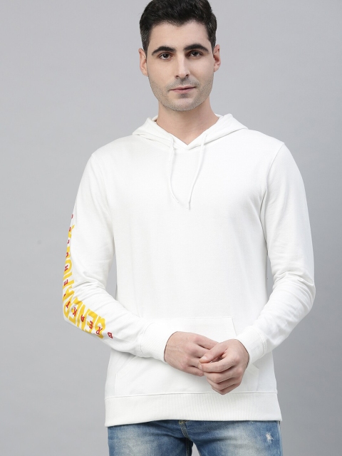 

Kryptic Men White & Yellow Printed Hooded Sweatshirt