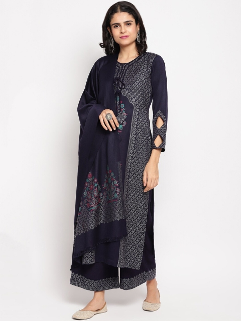 

HK colours of fashion Navy Blue & Green Woven Design Unstitched Dress Material