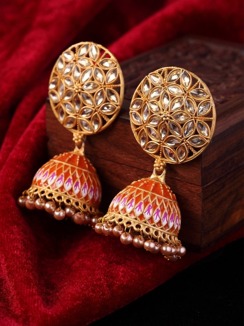 

PANASH Gold-Plated & Orange Meenakari Dome Shaped Jhumkas