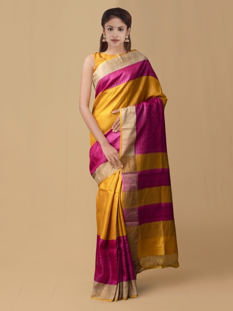 

Unnati Silks Yellow & Pink Pure Silk Striped Handloom Tussar Saree