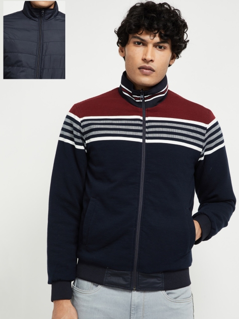 

max Men Navy Blue Striped Reversible Bomber
