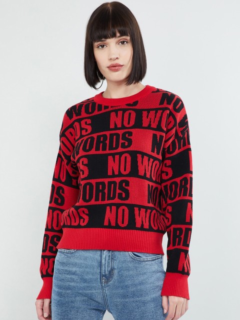 

max Women Red & Black Typography Printed Pullover Sweater