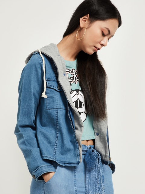 

max Women Blue Solid Denim Jacket